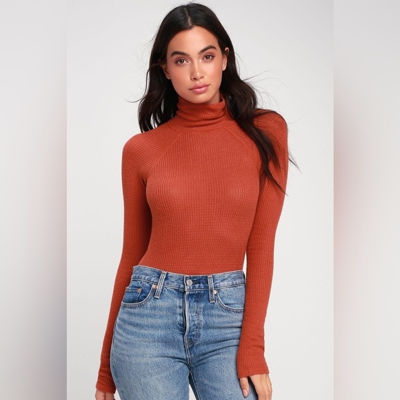 Free People All You Want Rust Orange Thermal Turtleneck Bodysuit, Size S - Picture 1 of 10